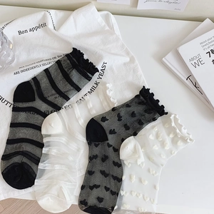 Detailed close-up of mesh lace socks with heart patterns and ruffle edges in black and white