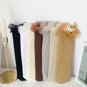 Detailed close-up of velvet sheer socks with ruffled lace trim in seven assorted colors