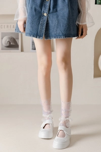 Close-up of white sheer lace socks with delicate snowflake patterns and bow detail