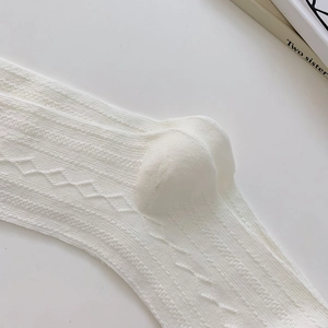 Macro shot of white knit lace stockings featuring intricate diamond and stripe patterns