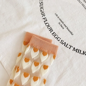 Detail of sheer mesh socks with orange heart patterns and bright ribbed cuffs