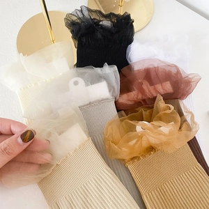 Detailed view of sheer organza lace trim and ribbed texture on cotton crew socks