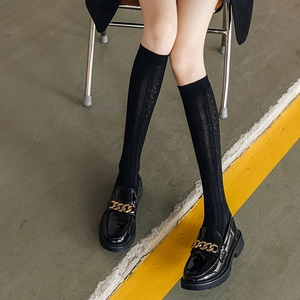 Japanese style black hollow knit high socks with chunky gold chain loafers for JK outfits