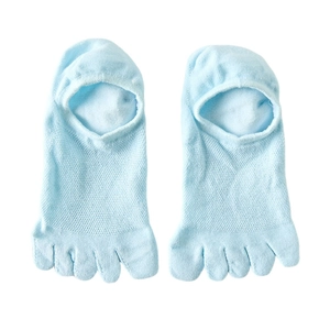 Light blue five-finger yoga socks with open heel design and breathable knit texture
