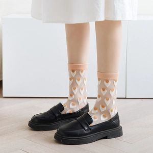 Japanese style sheer glass silk crew socks with orange floral embroidery and loafers