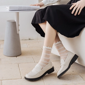 Cream leather loafers with black platform soles and striped frill socks on a model