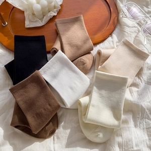 Collection of six neutral mid-calf socks in cotton rib knit on a minimalist tray