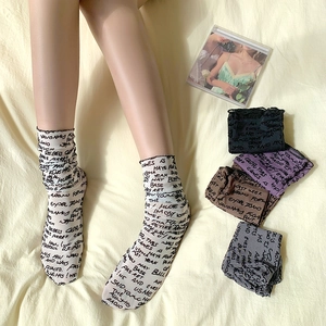 Chic sheer crew socks with black graffiti letters print in various stylish colors