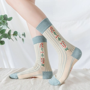 Detail of vintage crew socks with berry pattern and blue contrast knit texture
