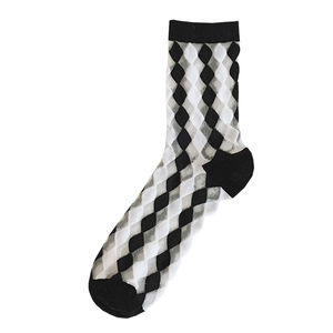 Women's transparent argyle mesh crew socks in black, white, and grey stylish geometric pattern