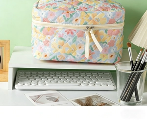 Detailed macro view of quilted floral makeup bag with blue flower pattern and zipper