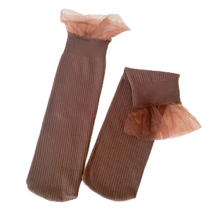 Coffee brown velvet crew socks with vintage lace trim displayed on white background
