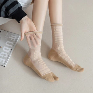 Elastic tabi socks showing sheer mesh fabric with polka dots and high breathability