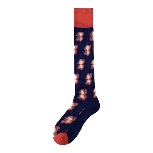 Japanese style dark blue JK socks featuring red bear patterns and striped ribbed cuffs