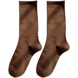Women's dark brown cotton knit mid-calf socks with vertical ribbed texture on white background