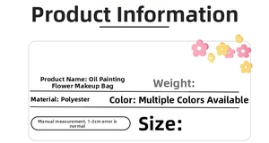 Detailed technical specification table for the floral oil painting polyester makeup bag
