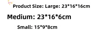 Size chart showing large 23x16x16cm, medium 23x16x6cm and small 15x9x8cm cosmetic bags