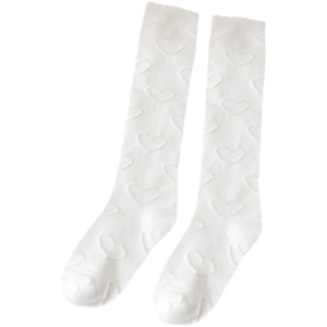 Chaussettes montantes blanches style JK Lolita avec motifs cœurs et bordure dentelle