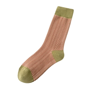 Vintage herringbone pattern mid-calf socks in brown and olive green contrast color