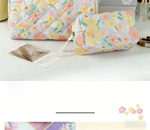 Close-up of blue floral quilted cosmetic bag set with soft texture and zip closure