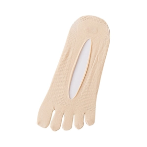Beige five-finger invisible low cut socks with non-slip silicone and breathable cotton fabric