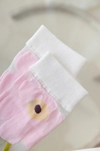 Detail of pink flower pattern and mesh fabric on light blue summer calf socks