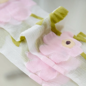 Detailed macro view of sheer knee-high socks featuring pastel floral embroidery patterns