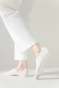 Close-up of white breathable two-toe liner socks with anti-slip silicone on the heel