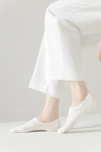 Close-up of white split-toe low-cut invisible socks with non-slip heel design