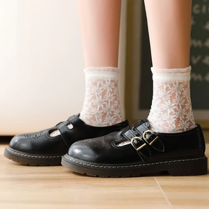 Détail de chaussures Mary Jane noires à motifs brogue et chaussettes en dentelle