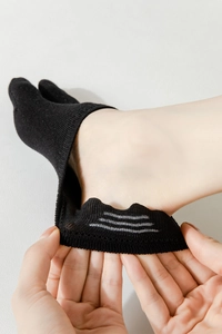 Close-up of black split-toe invisible socks with three non-slip silicone strips on heel