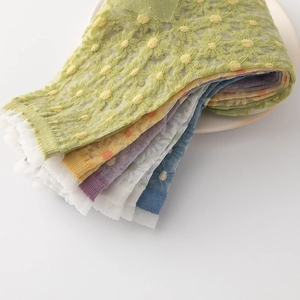 Détail de chaussettes en maille avec broderie marguerite et bordures en dentelle