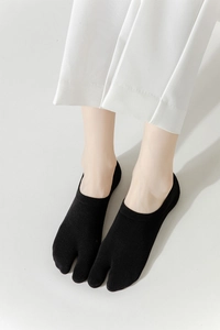 Close-up of black cotton tabi socks with two-toe design and non-slip heel grip for women