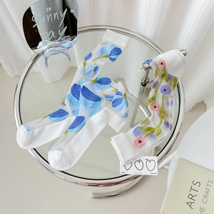Sheer white mesh calf socks with blue floral embroidery for summer sandals