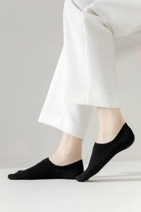 Detail of black non-slip low-cut invisible socks with ribbed cotton texture on foot