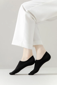 Detail of black non-slip low-cut invisible socks with ribbed cuff and seamless design