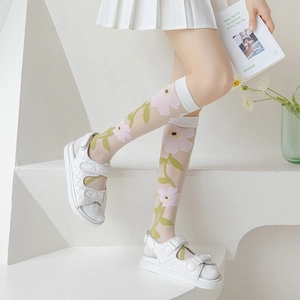 Japanese style sheer knee-high socks with pink flower prints and white platform sandals