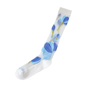 Japanese style white sheer calf socks with blue floral patterns for summer sandals
