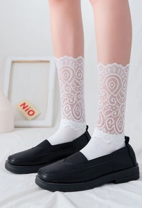 Gros plan détaillé de chaussettes mi-mollet en dentelle blanche à motifs floraux ajourés