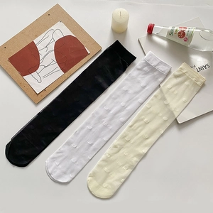 Detailed view of sheer polka dot knee-high socks in black, white, and beige colors