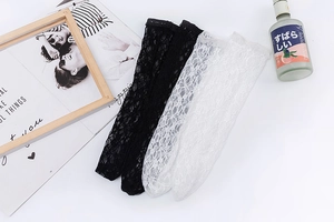 Vue détaillée des chaussettes en dentelle blanche et noire avec motifs ajourés élégants