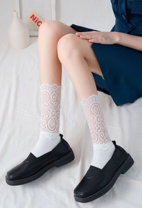 Détail de chaussettes en dentelle blanche avec motifs ajourés et bords festonnés