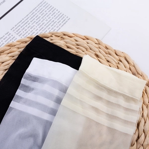 Close-up of ultra-thin breathable striped knee-high socks in black, white, and beige
