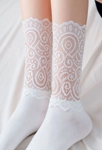 Gros plan détaillé des motifs de dentelle et bords ondulés sur chaussettes blanches