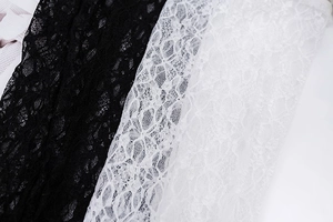 Vue macro détaillée de dentelle délicate blanche et noire aux motifs floraux