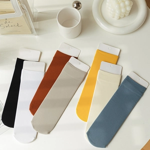 Detailed view of colorful velvet crew socks with vertical stripes in seven assorted colors