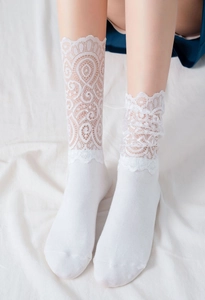 Gros plan de chaussettes mi-mollet en dentelle blanche avec motifs floraux et volants doux