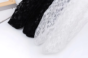 Gros plan sur des chaussettes Lolita en dentelle blanche et noire aux motifs floraux ajourés