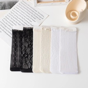 Detailed close-up of lace mesh socks in black, white, and apricot with floral patterns
