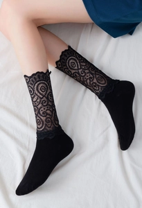 Gros plan sur les chaussettes hautes en dentelle noire avec motif évidé et semelle coton